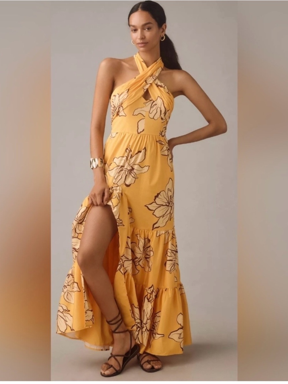 Anthropologie Hutch Yellow Floral Cross-Neck Maxi Dress size 6